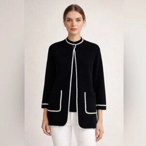 Sioni black longline cardigan with white contrast scalloped size L